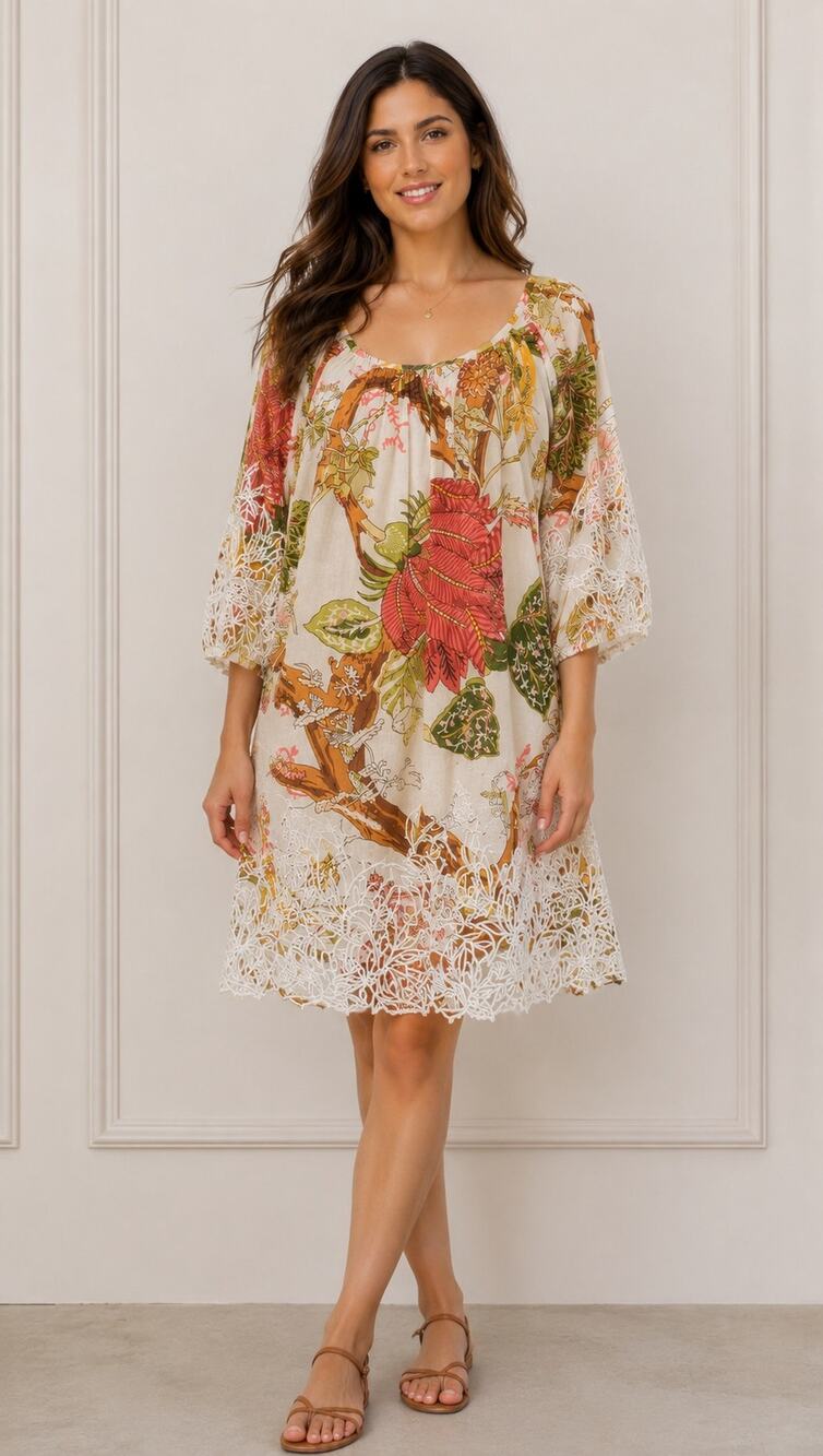 Juliet Dunn Floral Cotton Embroidered Lace Oversized Dress 100% Cotton Size 4